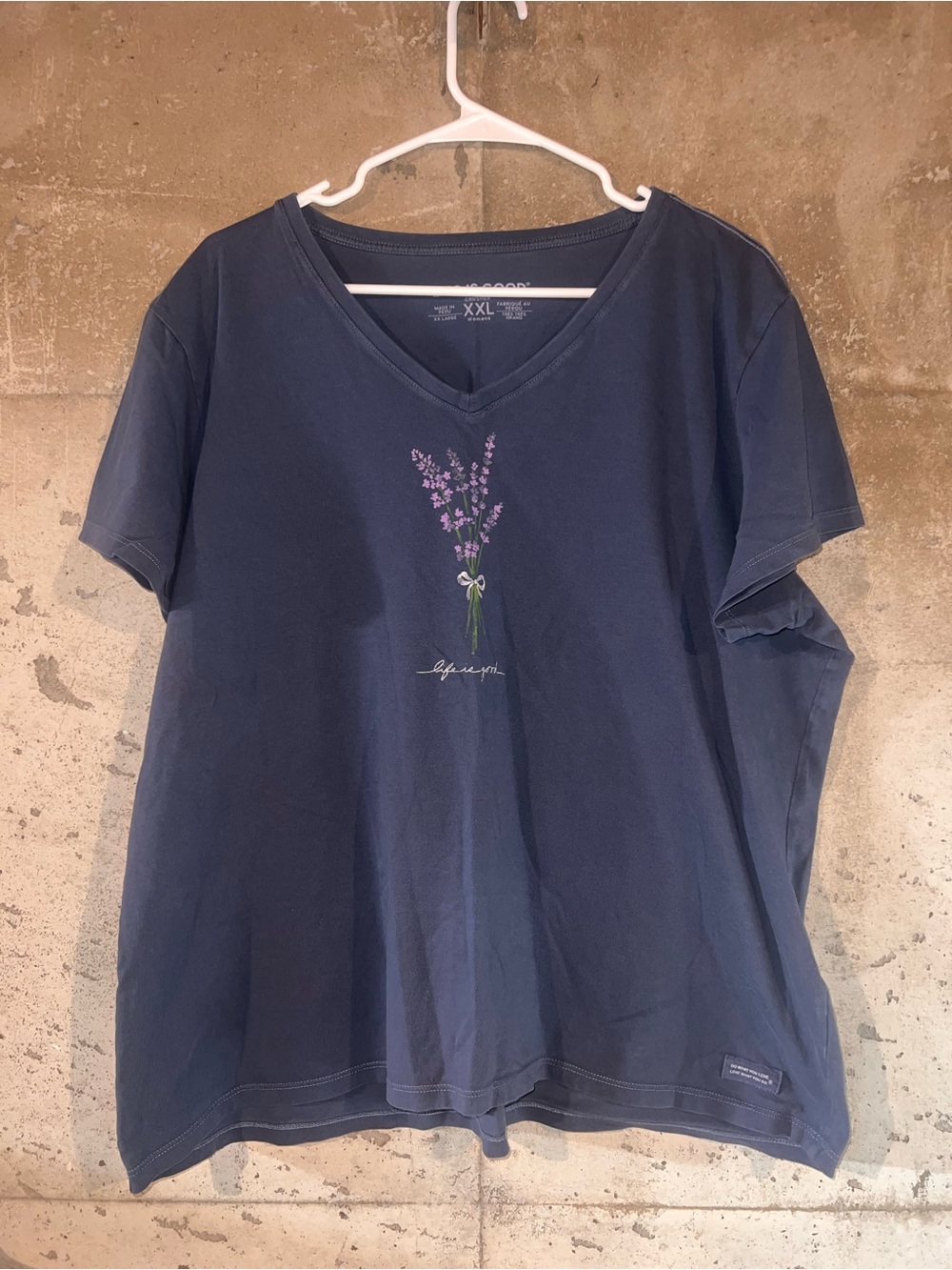 Life Is Good Navy V-Neck Tee with Lavender Sprig